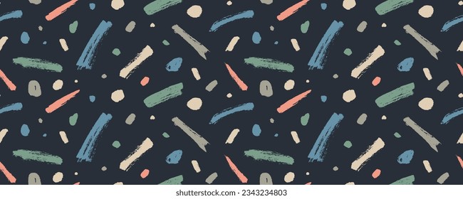 Multi colored fun doodle lines and dots seamless pattern. Creative minimalist style childish banner background. Straight short brush strokes and dots ornament. Vector festive celebration simple design