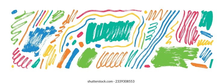 Multi colored fun line doodle, squiggles and scribbles set. Abstract squiggle style drawings, hand drawn marker scribbles. Vector colorful pencil sketches, charcoal lines. Childish rough crayon stroke