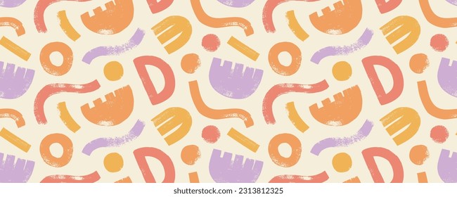 Multi colored geometric flowers seamless pattern. Brush drawn bold geometric shapes and floral motif. Abstract vector colorful banner with bold curved lines, circles, dots and tulip bud shapes.