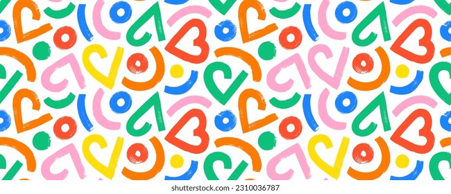 Multi colored geometric hearts with circles seamless pattern. Romantic abstract geometric background with brush drawn bold various colored hearts. Vector retro illustration for Valentine. Love motif.