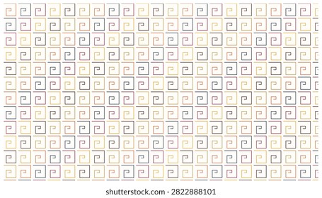 Multi colored geometric meander pattern on white. Modern greek key linear motif for creative wallpaper. Decorative repeating square spiral elements.