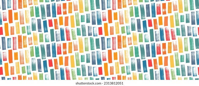 Multi colored geometric seamless pattern with bold vertical brush strokes. Hand drawn abstract texture with regular motif. Colorful ink brush scribbles decorative texture. Sketchy bold lines pattern.