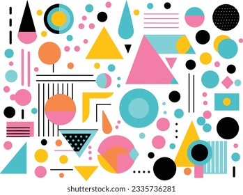 multi colored geometric shapes on white background, in the style of geometric shapes and patterns, memphis design, geometric shapes  patterns, sparse backgrounds, cute and colorful