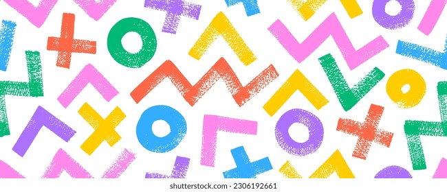 Multi colored geometric shapes seamless pattern. Brush drawn scribble zigzags, circles, triangles and crosses. Vector ornament with various chaotic brush drawn colorful geometric figures.