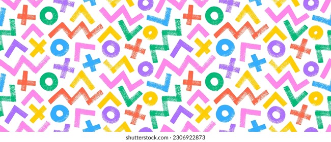 Multi colored geometric shapes seamless pattern. Brush drawn scribble zigzags, circles, triangles and crosses. Vector ornament with various chaotic brush drawn colorful geometric figures.