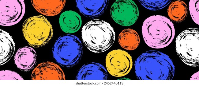 Multi colored grunge circles seamless vector pattern. Hand drawn color and round shapes. Abstract wallpaper design, textile print.