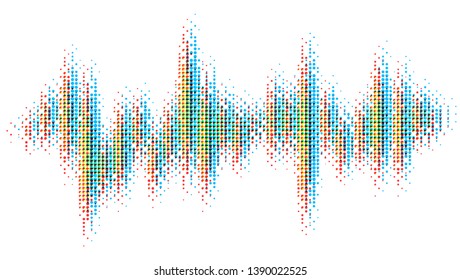 Multi colored halftone pattern from red, green, blue dots. Modern design rhythm of heart. Spectrum of sound wave, audio waveform. Abstract dotted ornament isolated on white background