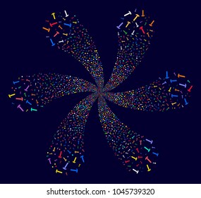 Multi Colored Hammer swirl motion on a dark background. Hypnotic whirlpool combined from scatter hammer objects.