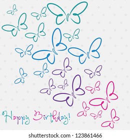 Multi colored hand drawn Happy Birthday butterfly card in vector format.