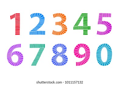 Multi colored hand drawn numbers made of lines in even distances. From one to zero in coordinated bright colors. Illustration. Isolated on white background. Vector.