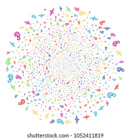 Multi Colored Hearing sparked cluster. Vector globula burst combined with randomized hearing objects. Multi Colored Vector abstraction.