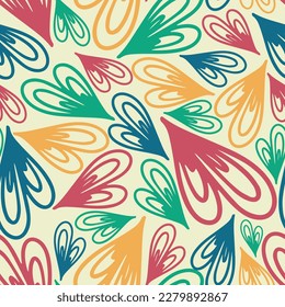 Multi colored heart shapes from quilling lines. Vector seamless cartoon pattern.