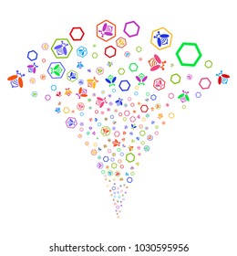 Multi Colored Honey Bee explosion fountain. Object fountain made from random honey bee pictograms as fireworks. Vector illustration style is flat iconic symbols with psychedelic colors.