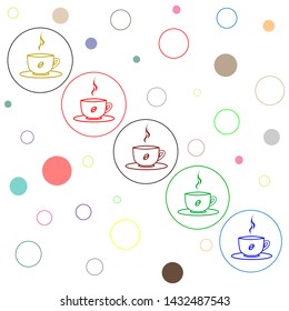 Multi Colored icons with round cups of hot coffee, background image with bubbles, flat design