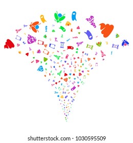 Multi Colored Junk Rubbish stream fountain. Object fountain created from random junk rubbish pictographs as fireworks. Vector illustration style is flat iconic symbols with psychedelic colors.