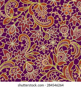 Multi Colored Lace Seamless Pattern. Purple Background.