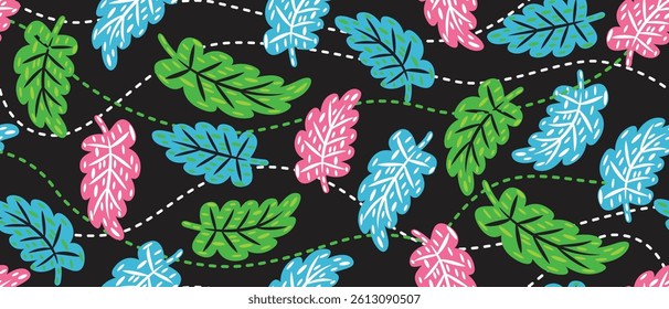 Multi colored leaf pattern, bright colors on a black background.African ethnic traditional pattern. seamless beautiful Kitenge, chitenge style. African wax prints.