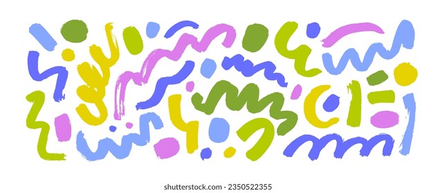 Multi colored line doodles with blobs isolated on white background. Hand drawn curved brush strokes and dots collection. Creative abstract style design elements. Messy doodles, vector bold curvy lines