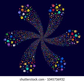 Multi Colored Lock centrifugal spin on a dark background. Hypnotic centrifugal explosion designed from scattered lock objects.