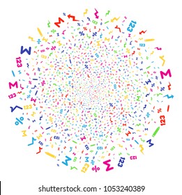 Multi Colored Math Symbols carnival round cluster. Vector spheric cluster burst created with scatter math symbols objects. Colorful Vector illustration.