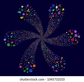 Multi Colored Medical Symbols centrifugal twist on a dark background. Suggestive spiral composed from random medical symbols items.