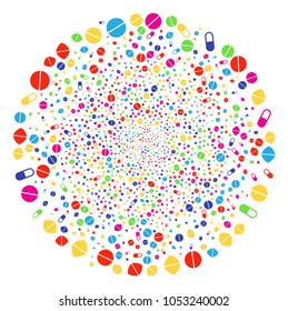 Multi Colored Medication Pills bang spheric cluster. Vector globula bang organized by scatter medication pills symbols. Multi Colored Vector illustration.