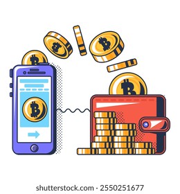 Multi colored money transaction to crypto wallet. Transfer of real financial assets digital. Cryptocurrency mobile app. Futuristic cartoon outline vector isolated on white background