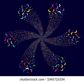 Multi Colored Moon exploding flower cluster on a dark background. Psychedelic spiral organized from scattered moon symbols.