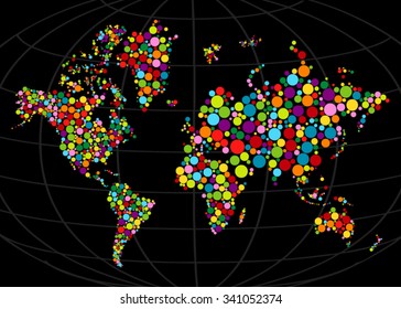 Multi colored mosaic world map painted with color circle.Abstract polygonal geometric design map. Vector illustration. Gradients free.