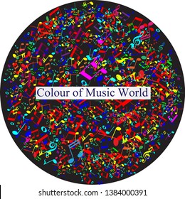 Multi Colored Music Notes swirl bang. Psychedelic curl organized with random music notes elements. Vector illustration design is flat iconic symbols. - Vector