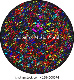 Multi Colored Music Notes swirl bang. Psychedelic curl organized with random music notes elements. Vector illustration style is flat iconic symbols. - Vector