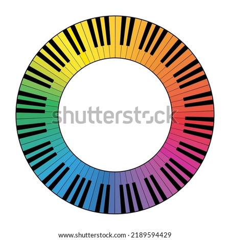 Multi colored musical keyboard circle frame, made of connected octave patterns. Border constructed from the black and white keys of a piano keyboard, shaped into a repeated motif. Illustration. Vector Foto d'archivio © 