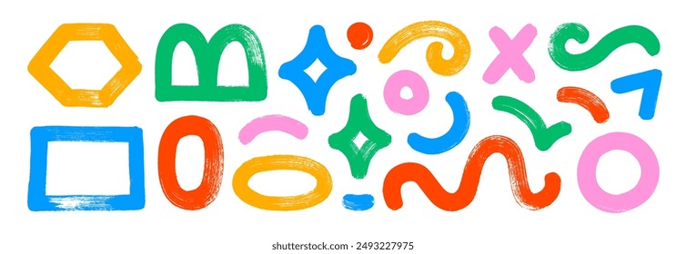 Multi colored naive playful abstract shapes in doodle grunge style. Underlines and basic geometric figures collection. Squiggle, oval, rectangle, circle, spiral. Vector punk playful illustration.