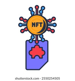 Arquivo de propriedade intelectual digital NFT multicolorido. Atribuição de código exclusivo a direitos de desenvolvimento. Proteger os direitos digitais de patente. Vetor de contorno de desenho animado futurista isolado no fundo branco