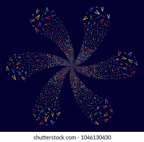 Multi Colored Nippers cycle flower with 6 petals on a dark background. Psychedelic twirl organized from scatter nippers items.