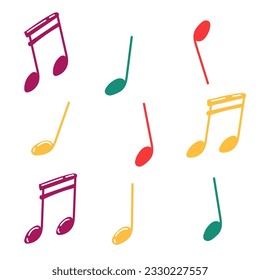 Multi colored notes drawn by hand, doodle notes, simple symbols of music. study of music theory. Sheet music, music, musical notes, elements are isolated on a white background.