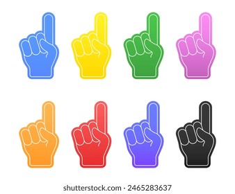 Multi colored number 1 foam fingers. Fan gloves with thumbs up, team support. Number one fan glove, sign of support for sports concept. Vector illustration