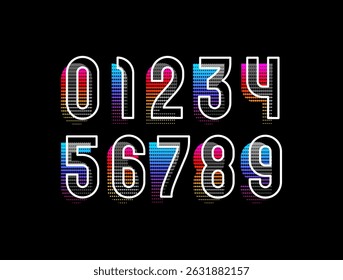 Multi colored numbers, numerals set made in white lines and halftone style, vector illustration 10EPS