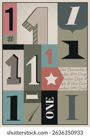 Multi colored numeral 1. A3 bold vintage poster design. Single number 1 vector typography. Letterpress wall art or interior decor.