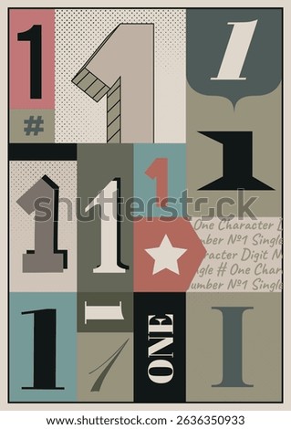 Multi colored numeral 1. A3 bold vintage poster design. Single number 1 vector typography. Letterpress wall art or interior decor.