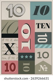 Multi colored numeral 10. A3 bold vintage poster design. Single number 10 vector typography. Letterpress wall art or interior decor.