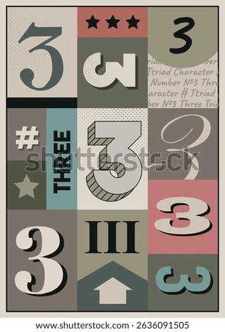 Multi colored numeral 3. A3 bold vintage poster design. Single number 3 vector typography. Letterpress wall art or interior decor.