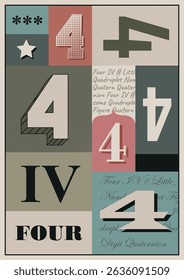Multi colored numeral 4. A3 bold vintage poster design. Single number 4 vector typography. Letterpress wall art or interior decor.