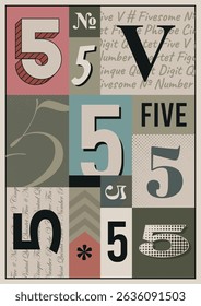 Multi colored numeral 5. A3 bold vintage poster design. Single number 5 vector typography. Letterpress wall art or interior decor.