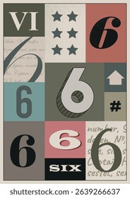 Multi colored numeral 6. A3 bold vintage poster design. Single number 6 vector typography. Letterpress wall art or interior decor.