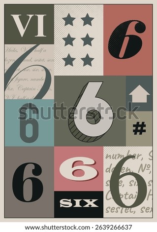 Multi colored numeral 6. A3 bold vintage poster design. Single number 6 vector typography. Letterpress wall art or interior decor.