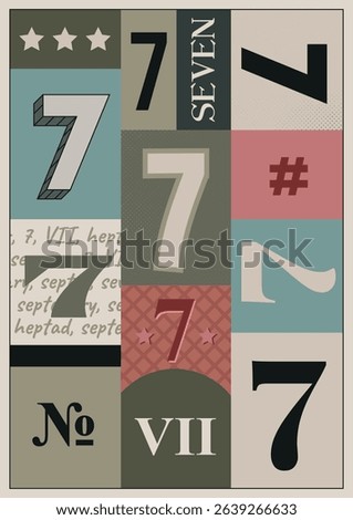 Multi colored numeral 7. A3 bold vintage poster design. Single number 7 vector typography. Letterpress wall art or interior decor.
