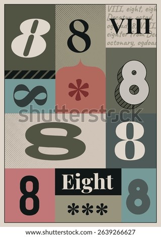 Multi colored numeral 8. A3 bold vintage poster design. Single number 8 vector typography. Letterpress wall art or interior decor.
