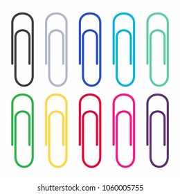 Multi colored office paper clip flat style vector illustration set isolated on white background