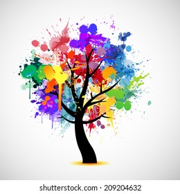 Multi colored paint splat abstract tree illustration